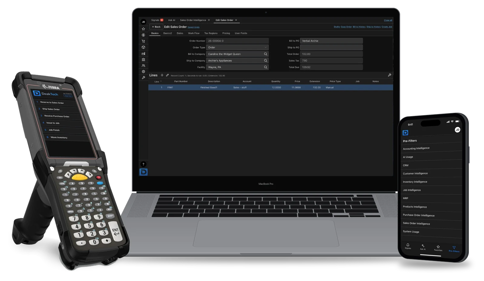 DeakTech running on three devices: the warehouse app on a Zebra handheld scanner, a sales order on a MacBook Pro, and the pre-filters list on an iPhone